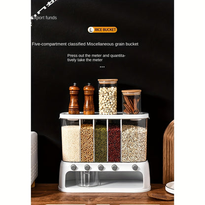 Nutshell dry food dispenser with five compartments for organized storage of grains and cereals