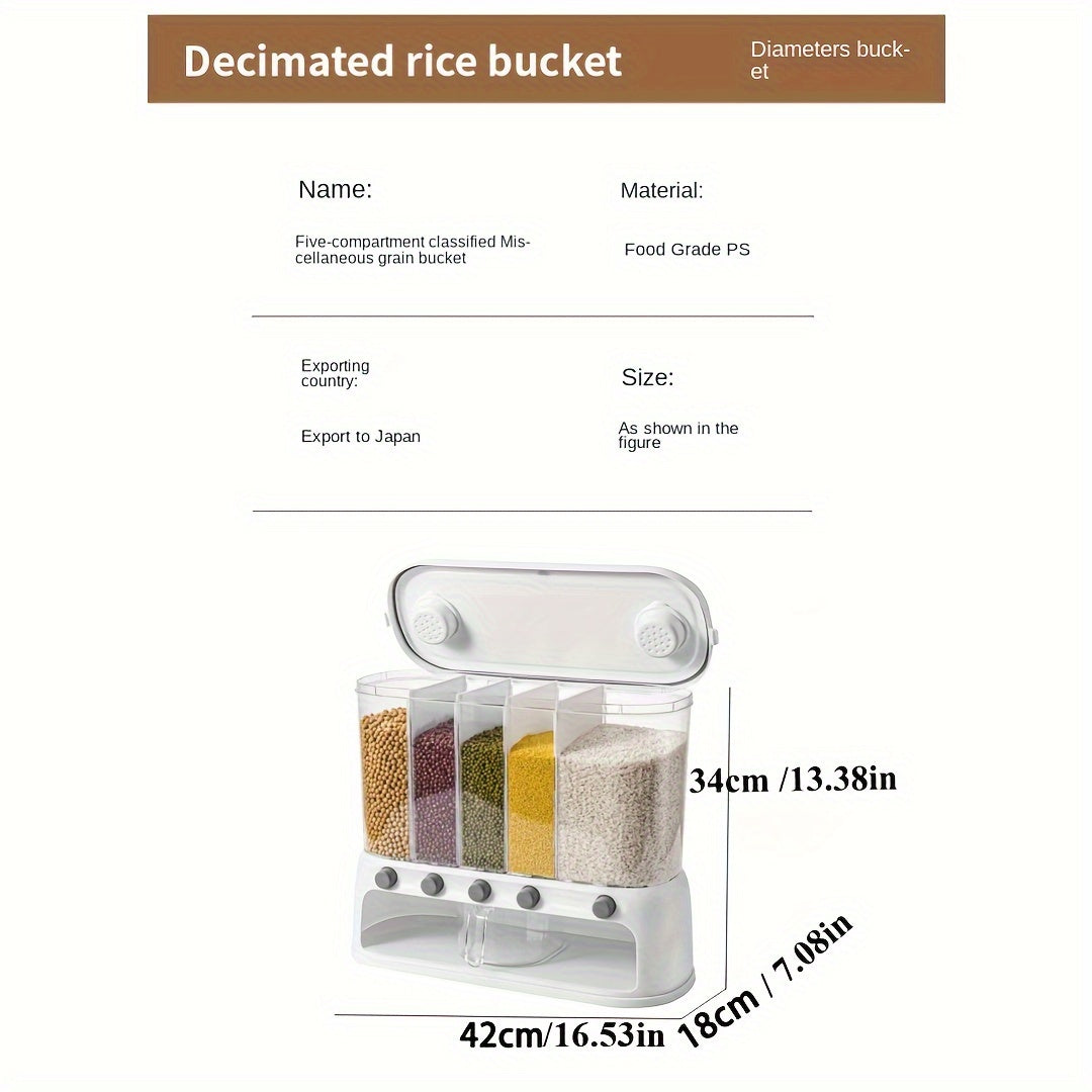 Nutshell dry food dispenser with five compartments for organized kitchen storage of various grains