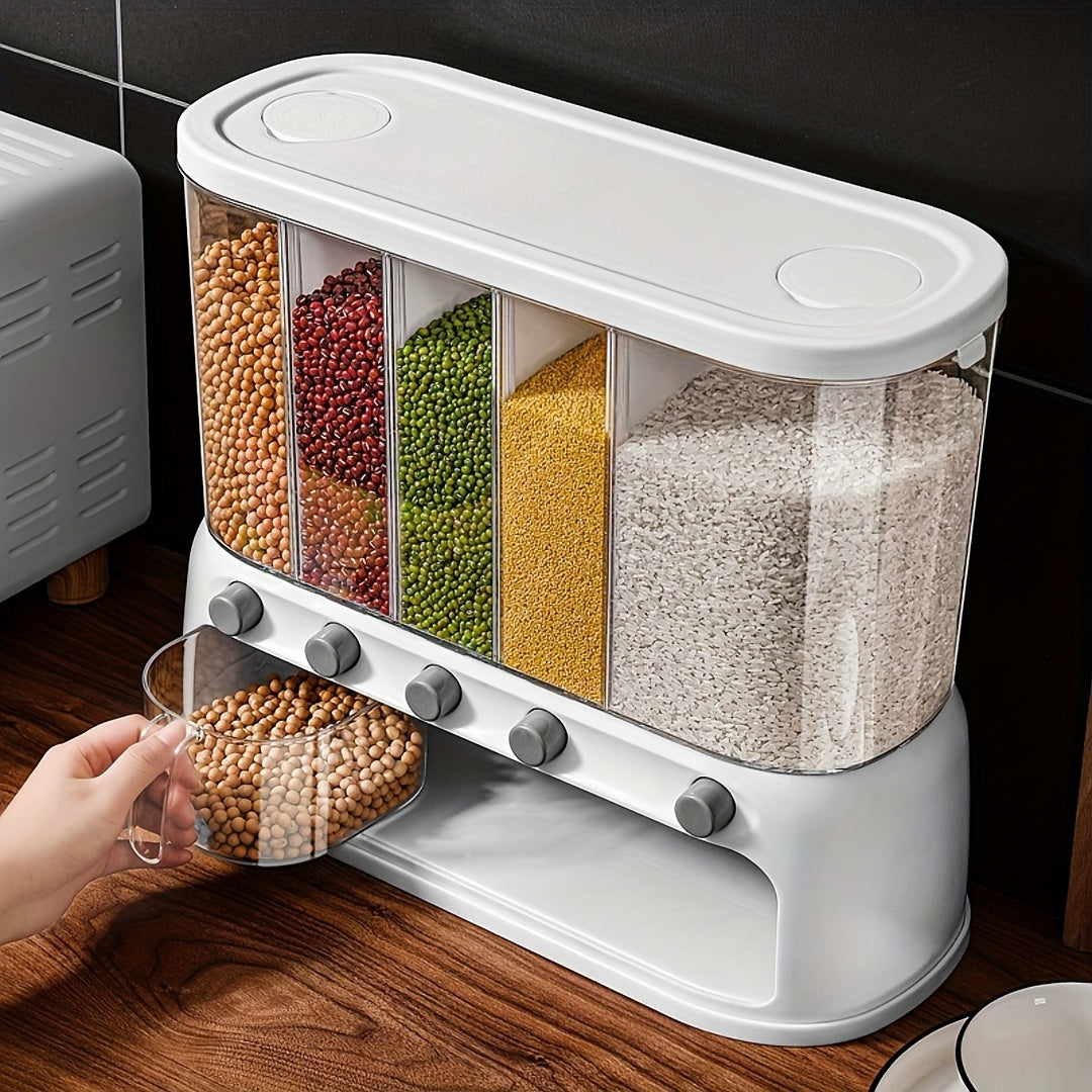 Nutshell dry food dispenser with multiple compartments for easy storage and access to grains and cereals