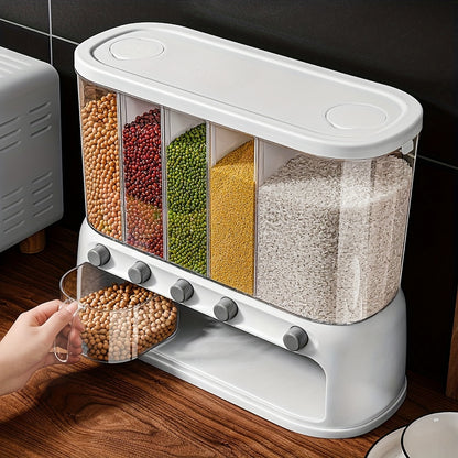 Nutshell dry food dispenser with multiple compartments for easy storage and access to grains and cereals