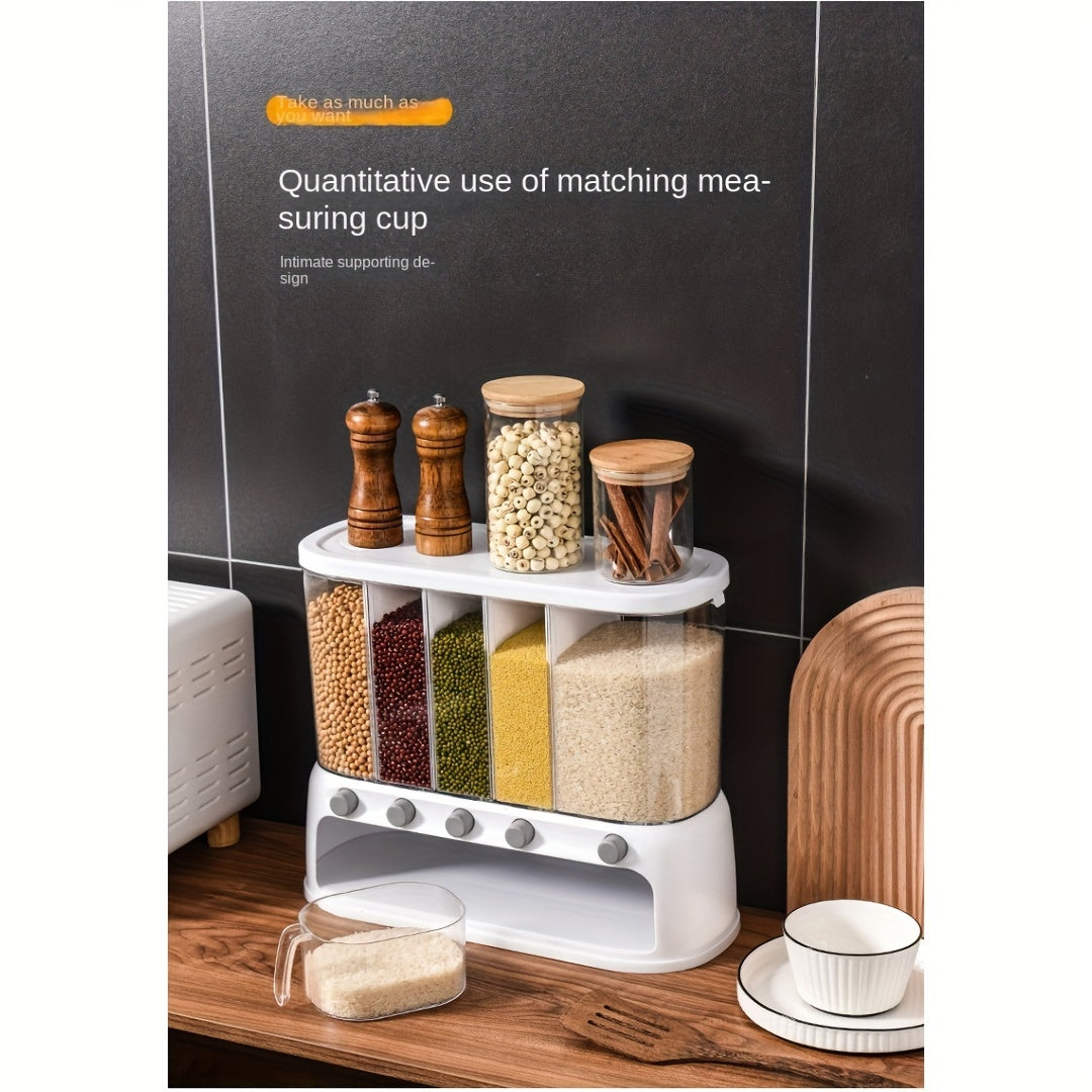 Nutshell dry food dispenser with multiple containers for organized kitchen storage and easy access