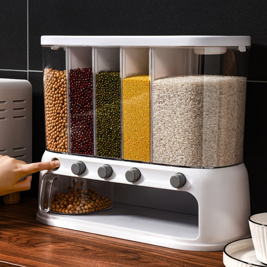 Nutshell dry food dispenser with five compartments for easy storage and dispensing of grains and legumes