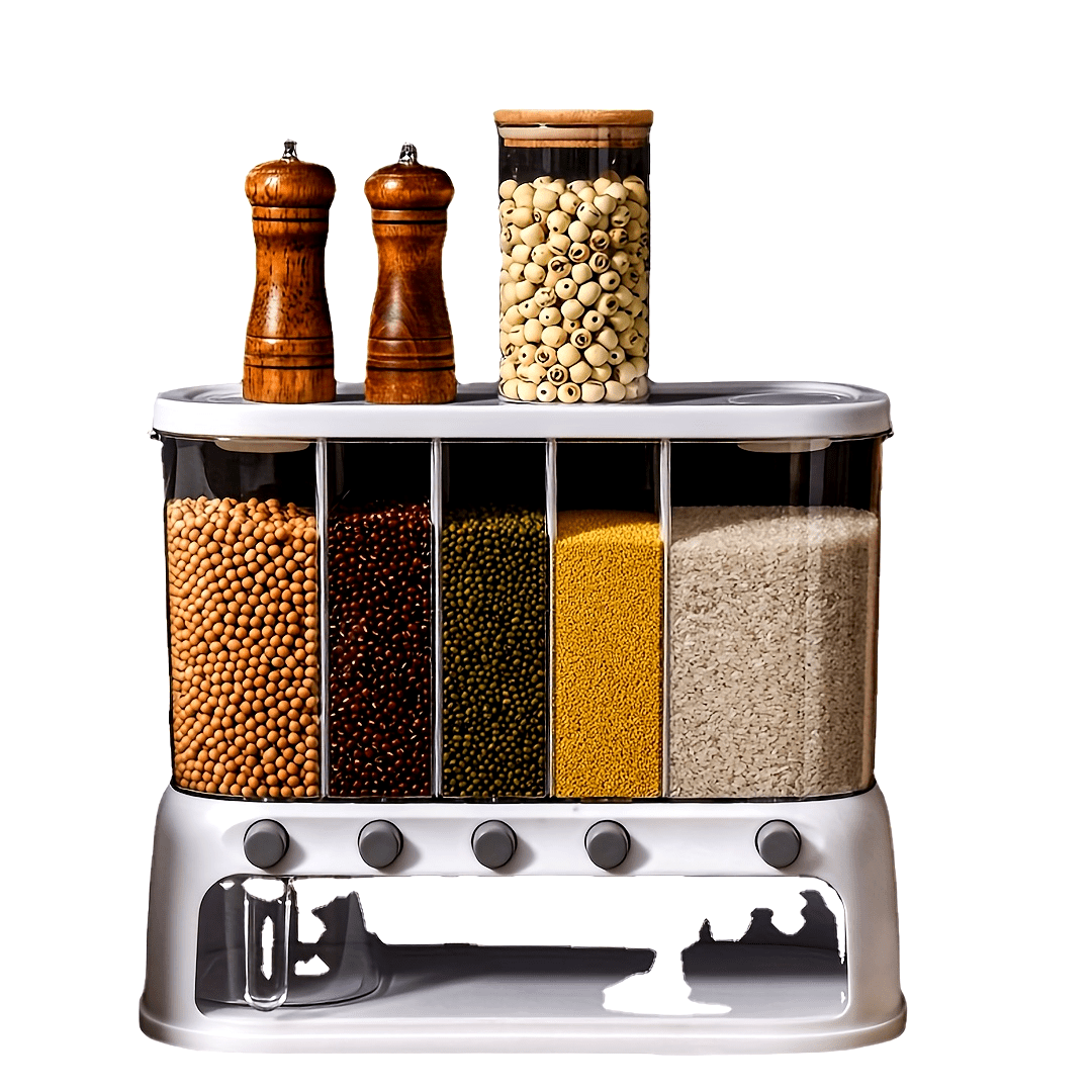 Nutshell dry food dispenser with multiple compartments for organized kitchen storage