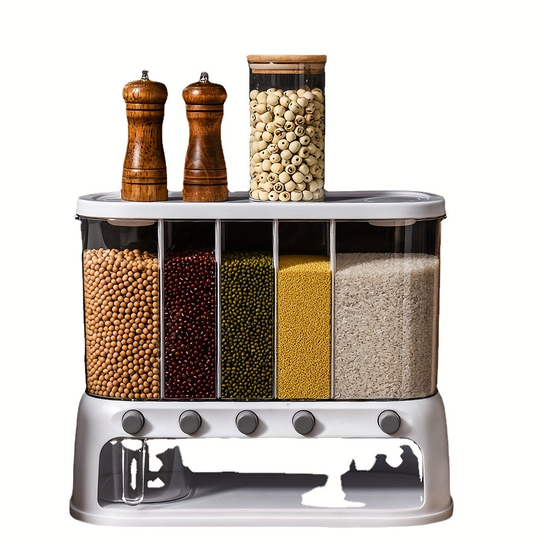 Nutshell dry food dispenser with multiple compartments for easy storage and organization of grains and cereals