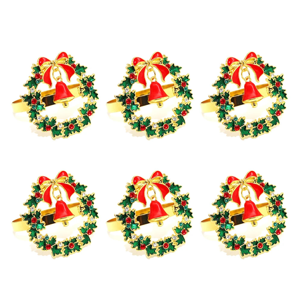 Christmas napkin rings set featuring gold bells and Christmas wreath design for festive table decor