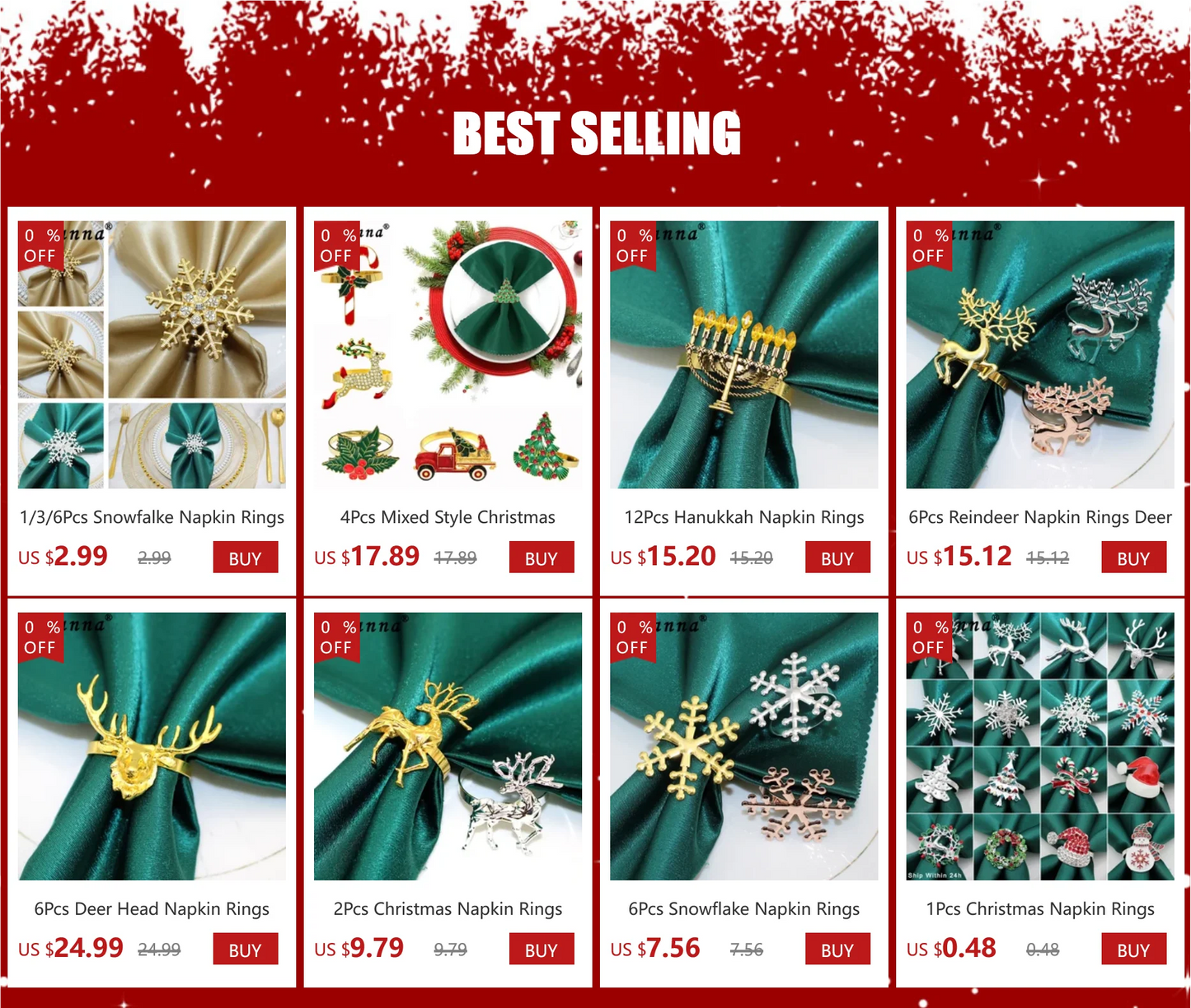 Set of Christmas napkin rings set featuring snowflakes, deer, and festive designs for holiday table settings