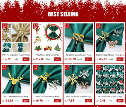 Set of Christmas napkin rings set featuring snowflakes, deer, and festive designs for holiday table settings