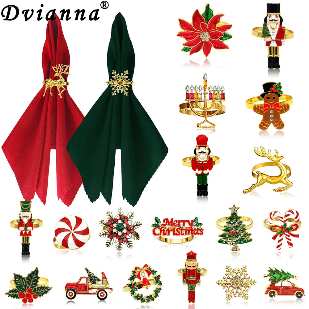 Christmas napkin rings set featuring various festive designs including nutcrackers and holiday motifs
