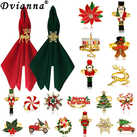 Christmas napkin rings set featuring various festive designs including nutcrackers and holiday motifs