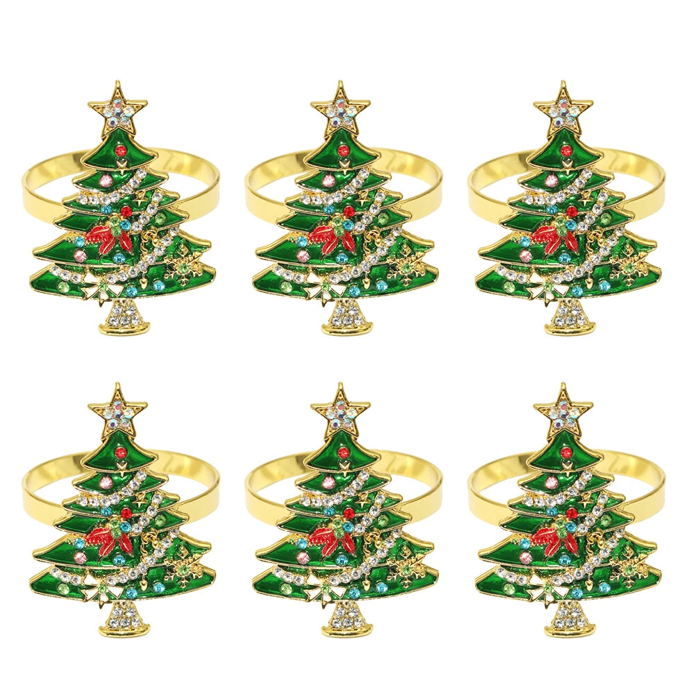 Christmas napkin rings set featuring six gold rings adorned with festive tree designs and colorful embellishments
