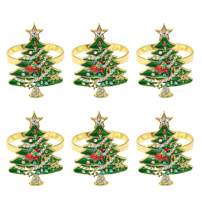 Christmas napkin rings set featuring six gold rings adorned with festive tree designs and colorful embellishments