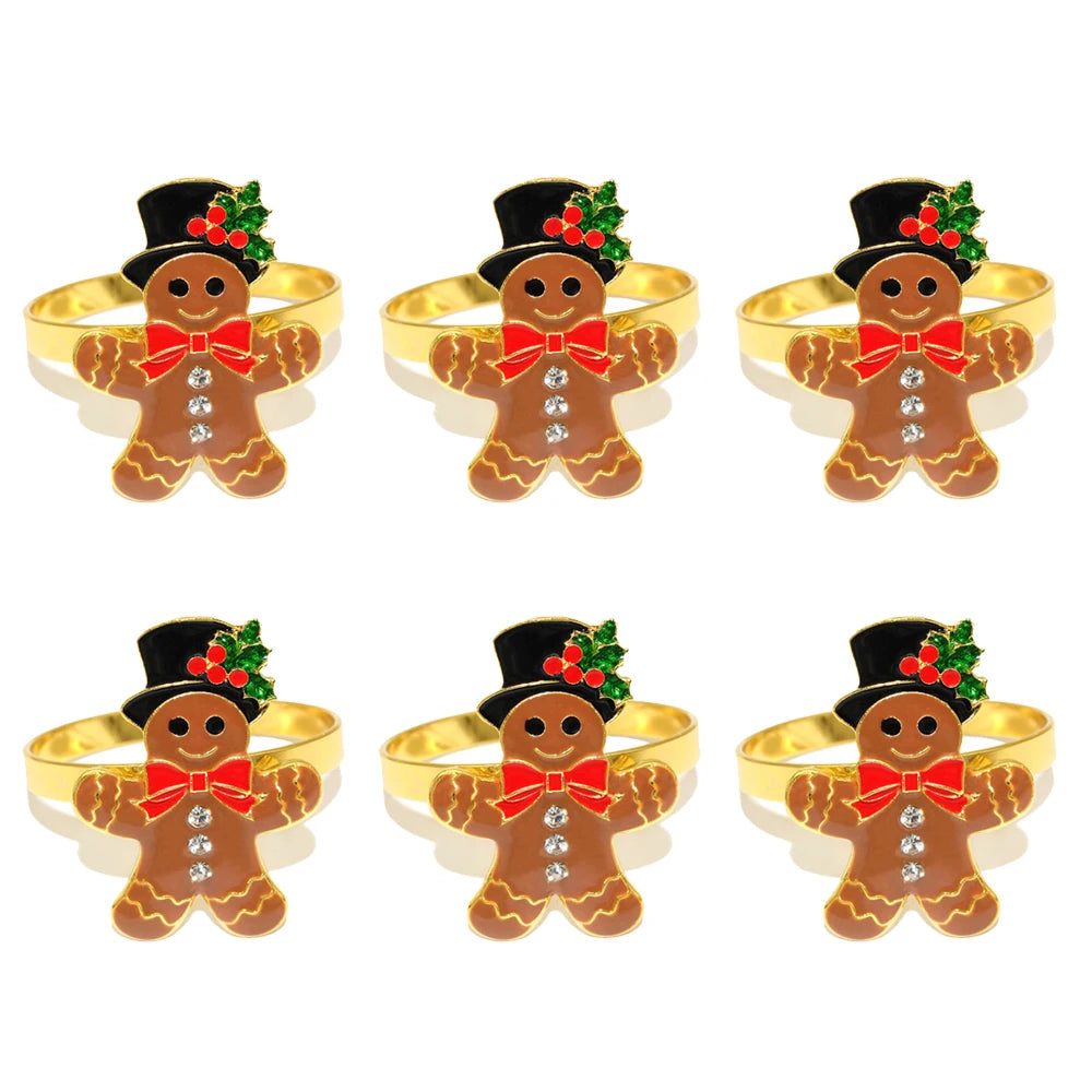 Christmas napkin rings set featuring gingerbread men with festive hats and decorations for holiday dining