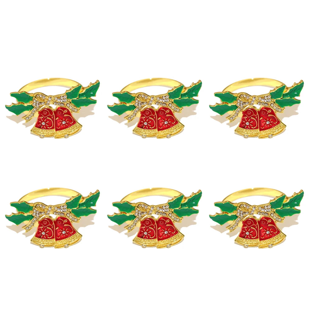 Elegant Christmas napkin rings set featuring golden bells and holly leaves for festive table decor