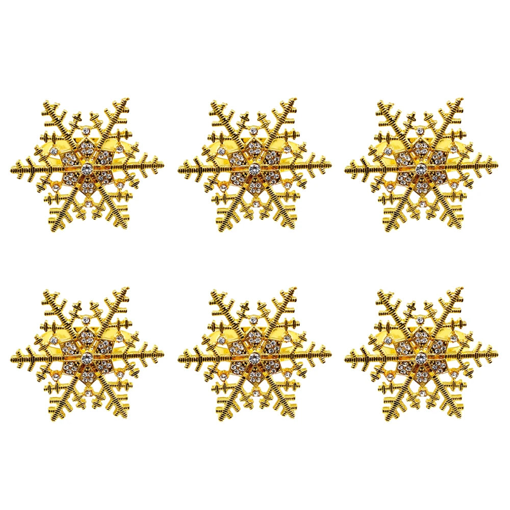 Gold snowflake Christmas napkin rings set with sparkling accents for festive table decor