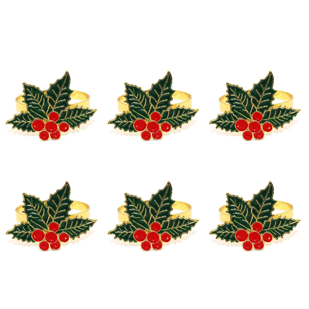 Christmas napkin rings set featuring holly leaves and red berries for festive dining decor
