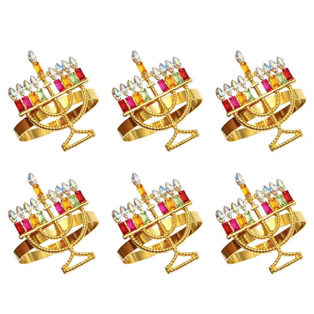 Set of six festive Christmas napkin rings set with colorful embellishments for holiday table decor