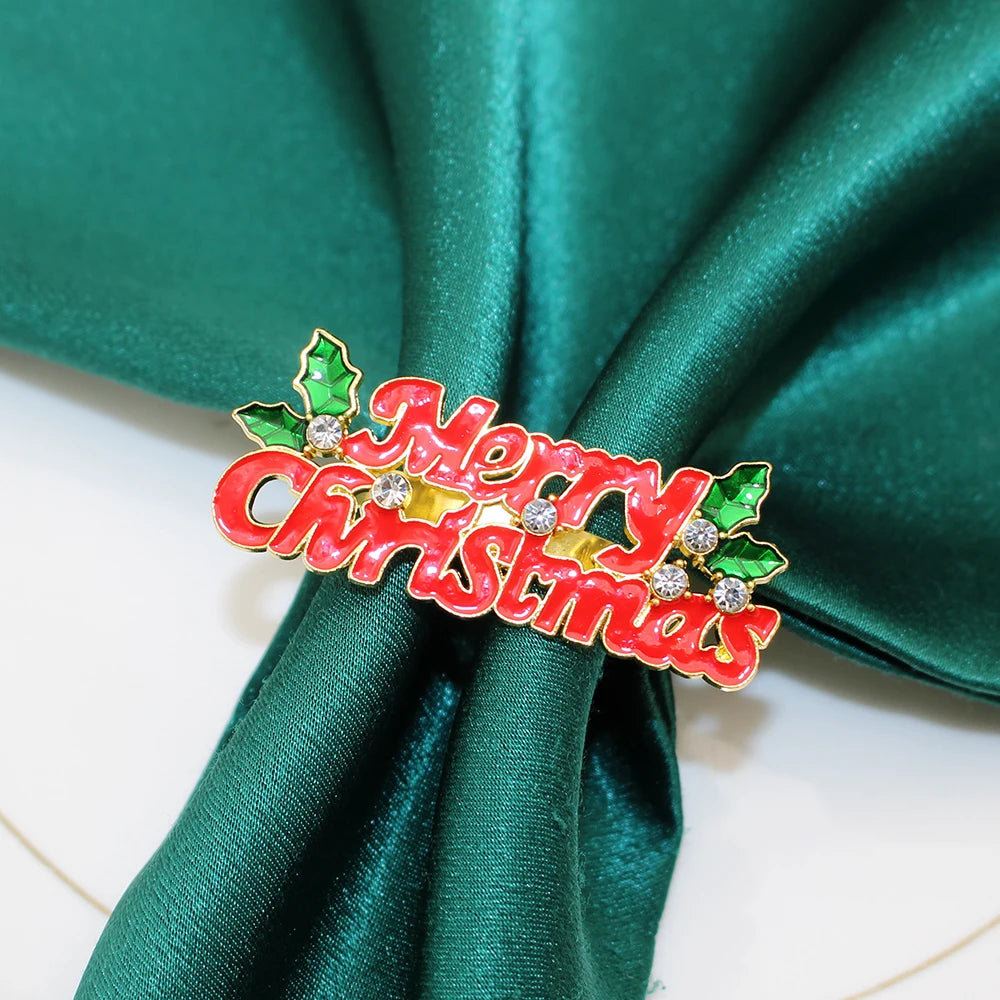 Christmas napkin rings set featuring a colorful Merry Christmas design with holly decorations