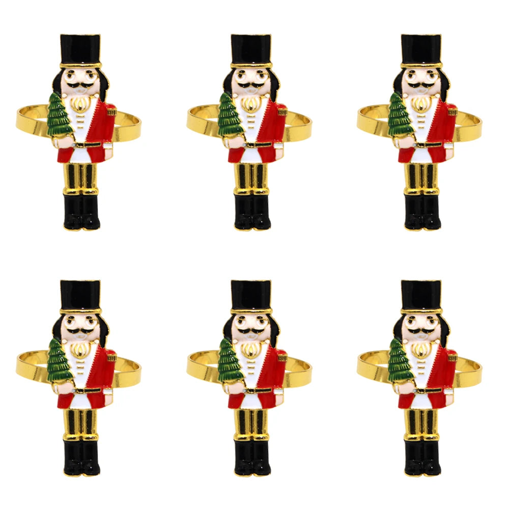 Set of six Christmas napkin rings featuring nutcracker designs with festive colors