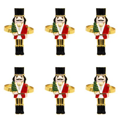 Set of six Christmas napkin rings featuring nutcracker designs with festive colors