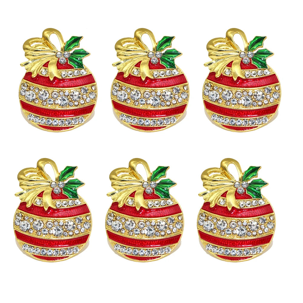 Christmas napkin rings set featuring six decorative ornaments with red and gold accents