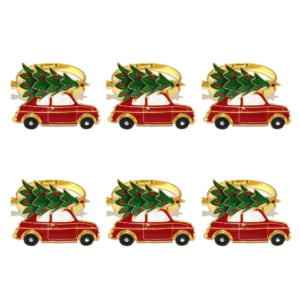 Christmas napkin rings set with red car and Christmas tree design, perfect for festive dining decor
