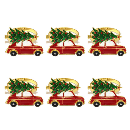 Christmas napkin rings set with red car and Christmas tree design, perfect for festive dining decor