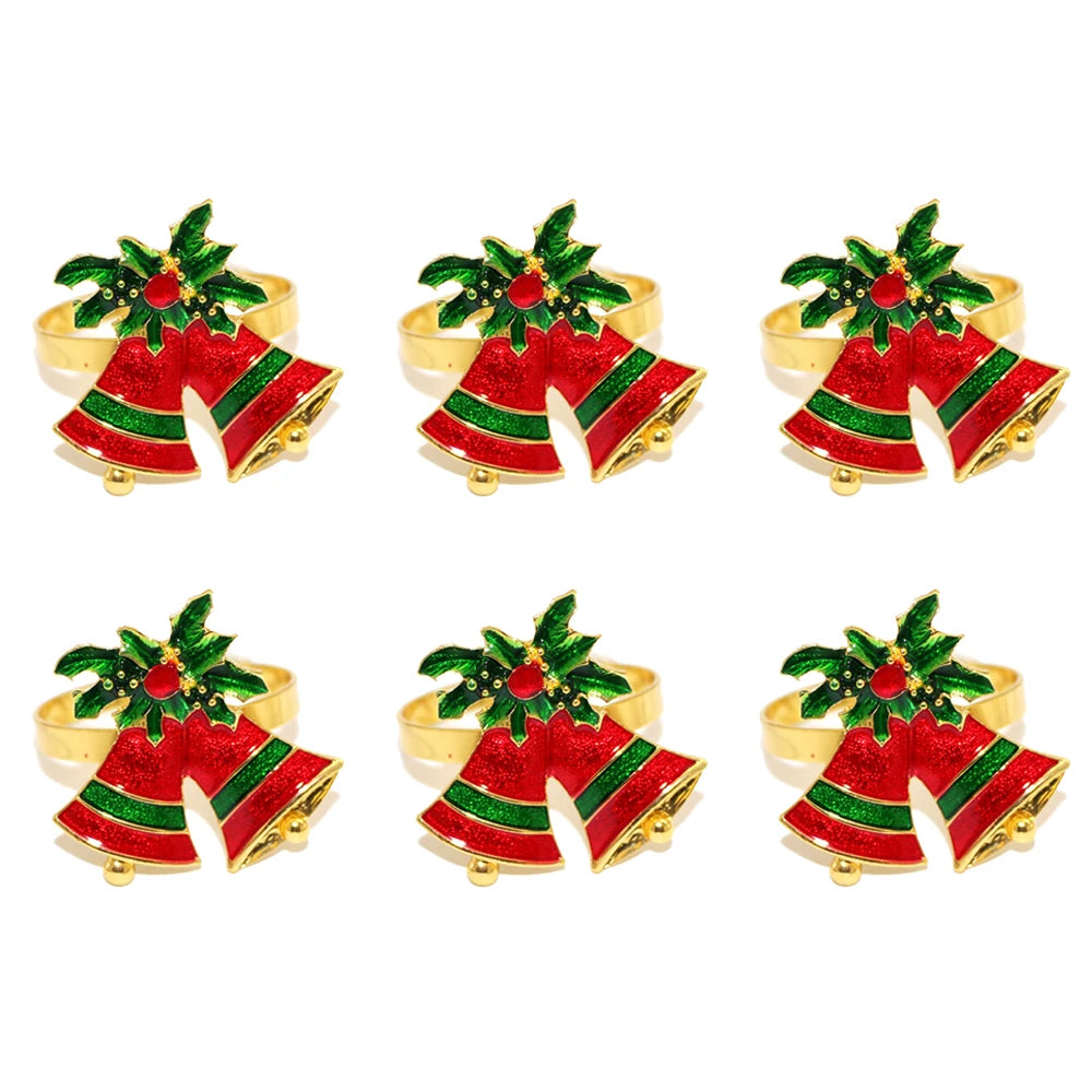 Christmas napkin rings set featuring golden bells and holly for festive table decor