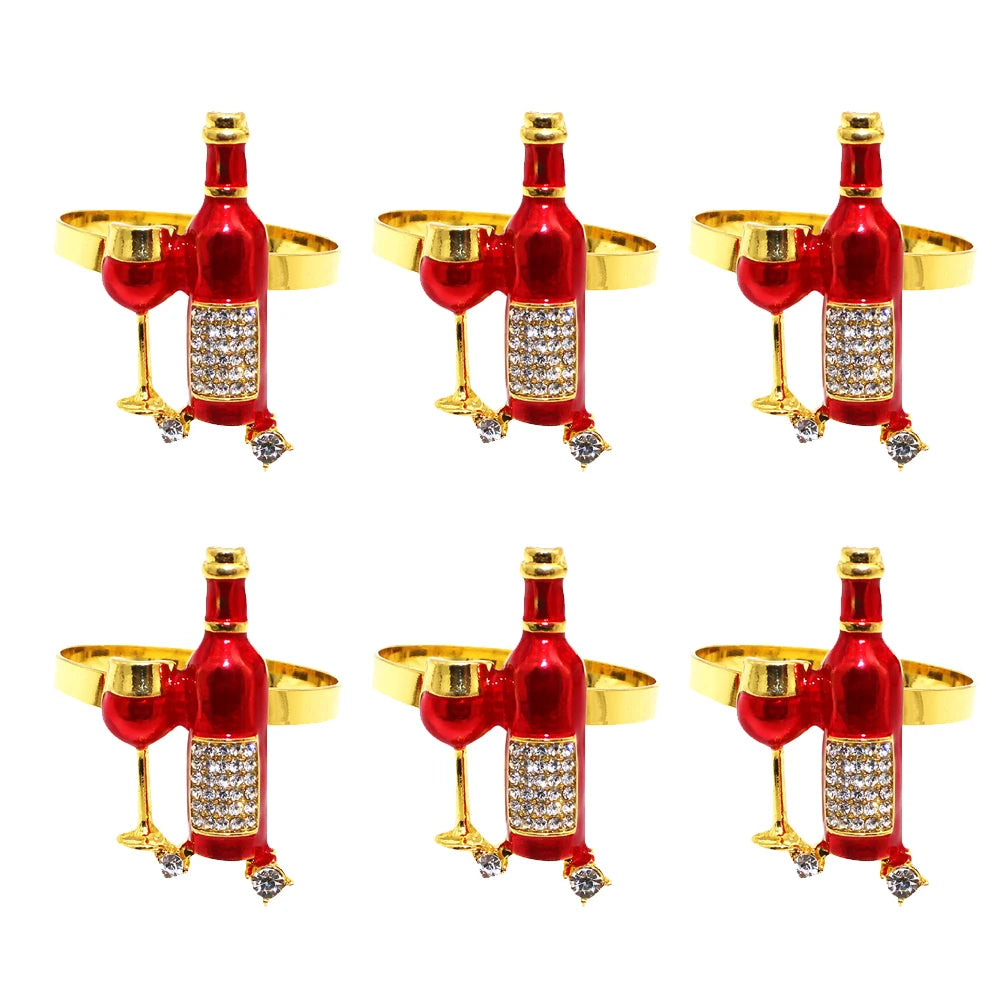 Set of six Christmas napkin rings set featuring wine bottle and glass design with sparkling details