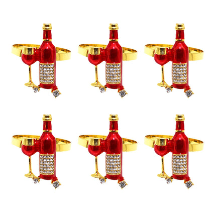 Set of six Christmas napkin rings set featuring wine bottle and glass design with sparkling details