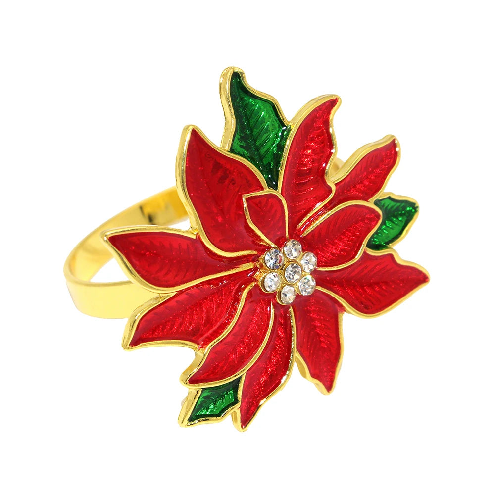 Christmas Red Poinsettia Napkin Rings with Gold Accent and Jewel Detailing for Holiday Table Decor