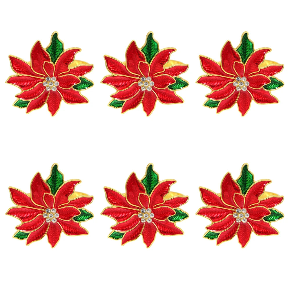 Set of six Christmas Red Poinsettia Napkin Rings with vibrant floral design for festive table settings
