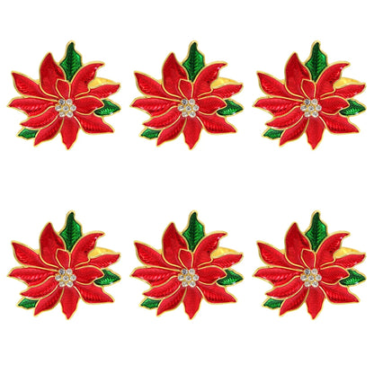 Set of six Christmas Red Poinsettia Napkin Rings with vibrant floral design for festive table settings