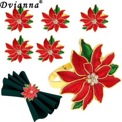 Christmas Red Poinsettia Napkin Rings with Elegant Gold Accents for Holiday Table Decor