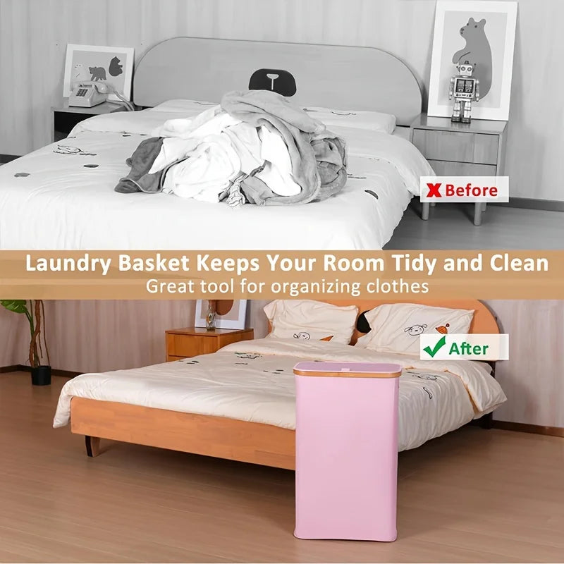 Pink Nutshell laundry basket shown in bedroom before and after tidying clothes using collapsible bamboo clothes hamper