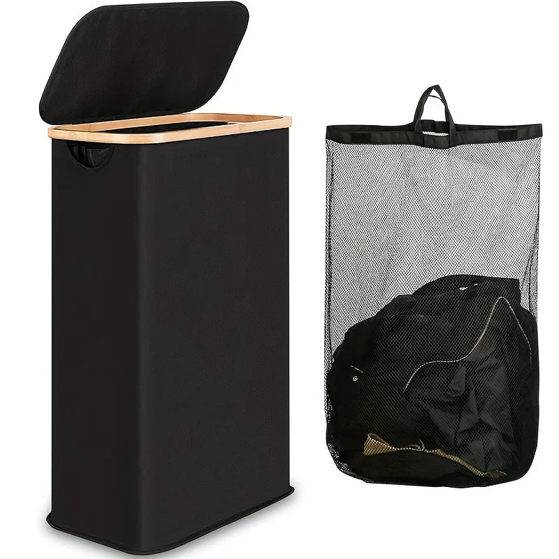 Nutshell collapsible bamboo clothes hamper tall black rectangular laundry bin with bamboo rim lid and mesh bag