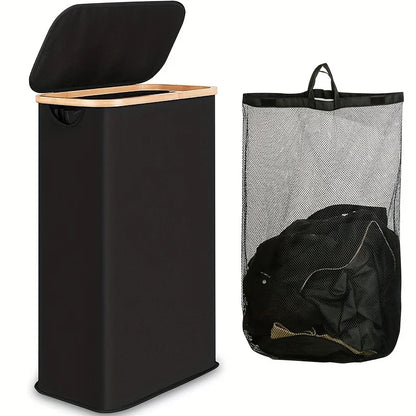 Nutshell collapsible bamboo clothes hamper tall black rectangular laundry bin with bamboo rim lid and mesh bag
