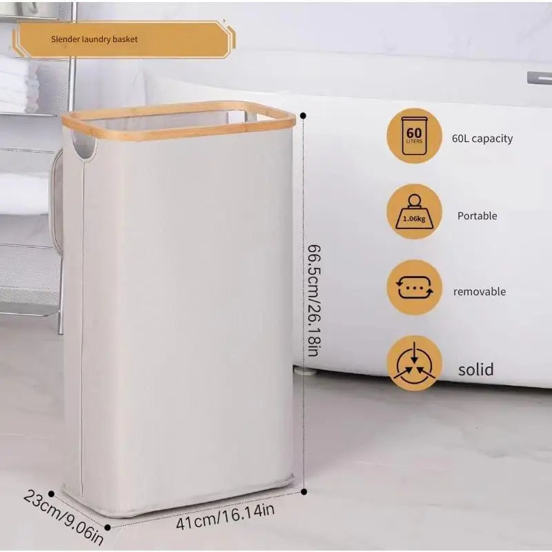 Nutshell collapsible bamboo clothes hamper slim 60L laundry basket with bamboo rim removable liner portable