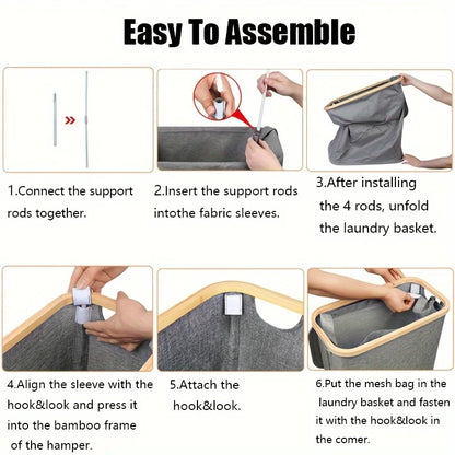 Nutshell collapsible bamboo clothes hamper assembly steps showing gray fabric liner bamboo frame support rods and mesh bag