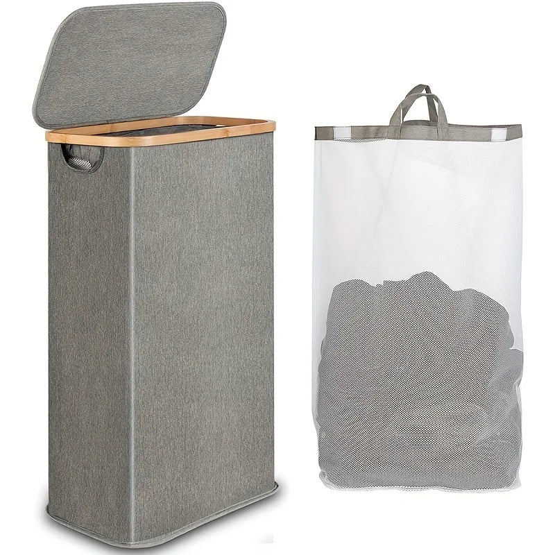 Nutshell collapsible bamboo clothes hamper in gray with bamboo rim lid and removable mesh laundry bag