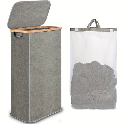 Nutshell collapsible bamboo clothes hamper in gray with bamboo rim lid and removable mesh laundry bag