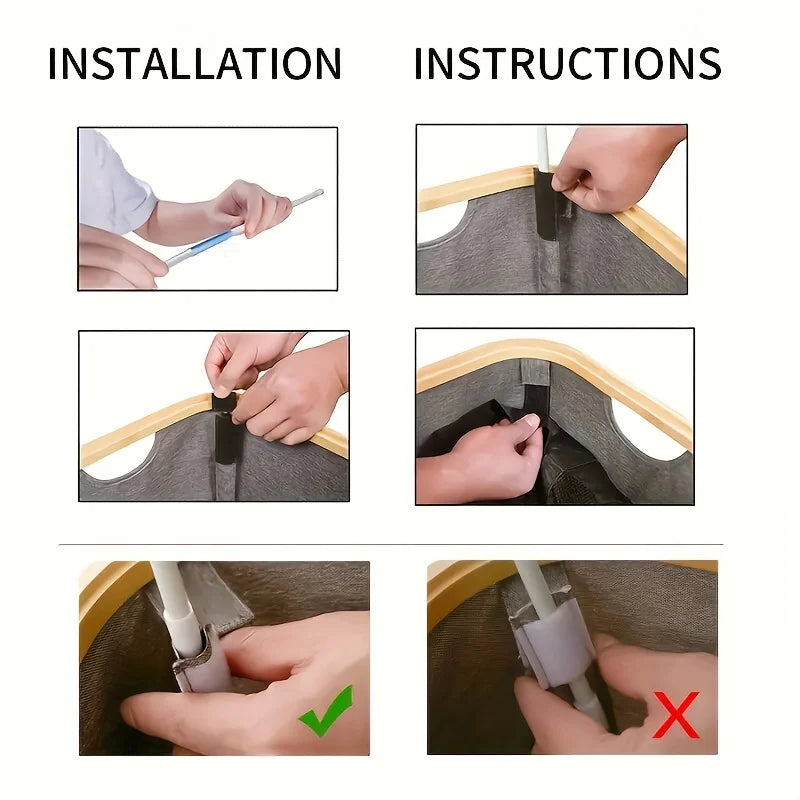 Nutshell collapsible bamboo clothes hamper assembly instructions showing pole insertion and correct connection