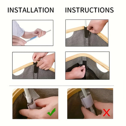 Nutshell collapsible bamboo clothes hamper assembly instructions showing pole insertion and correct connection