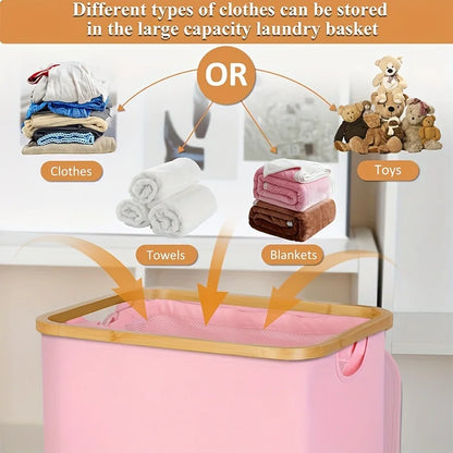 Nutshell pink collapsible bamboo clothes hamper with bamboo rim holding towels blankets garments and toys