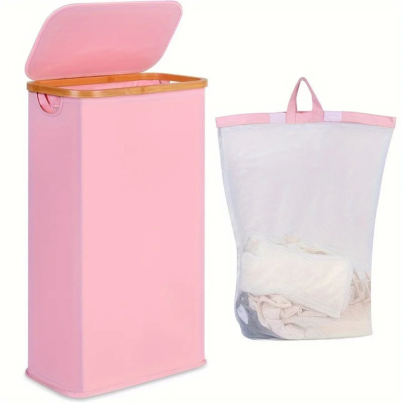 Nutshell pink laundry basket with bamboo rim and lid plus mesh liner bag collapsible bamboo clothes hamper