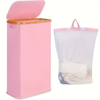 Nutshell pink laundry basket with bamboo rim and lid plus mesh liner bag collapsible bamboo clothes hamper