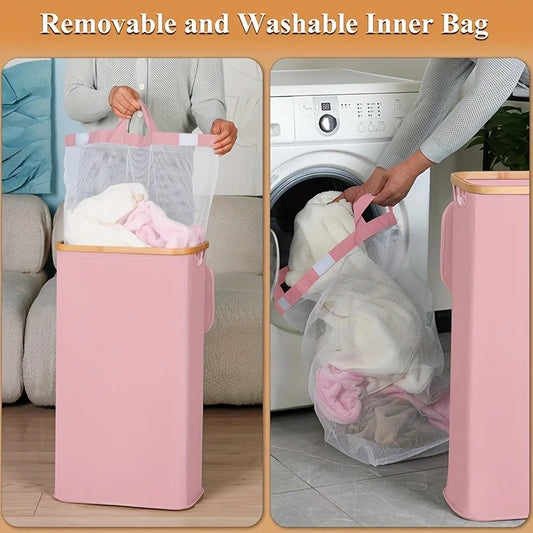 Nutshell pink laundry basket with removable mesh inner bag being emptied into washer collapsible bamboo clothes hamper