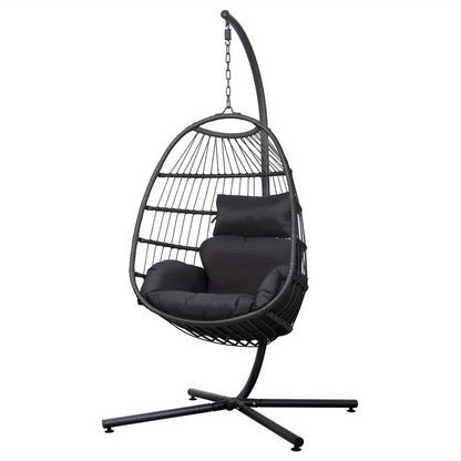 Black egg swing chair with stand featuring comfortable cushioned seating and sturdy metal frame