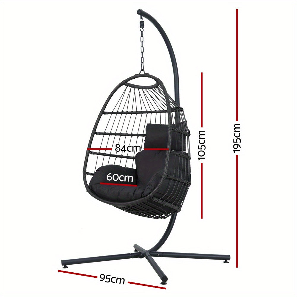 Nutshell black egg swing chair with stand featuring cushioned seat and metal frame dimensions