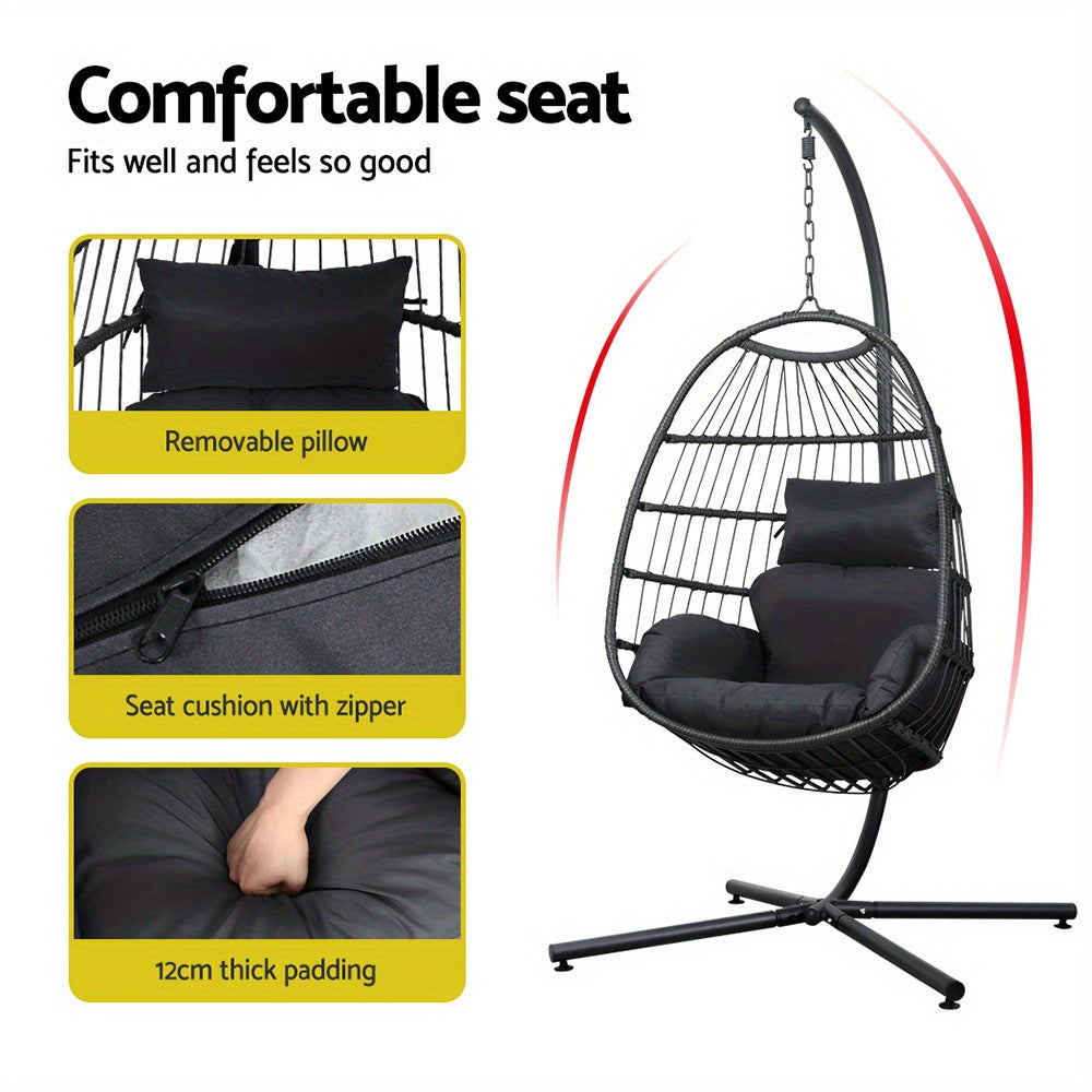 Nutshell black egg swing chair with stand featuring removable pillow and thick cushioned seat