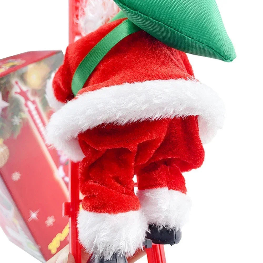 Electric climbing Santa Christmas ornament in a red suit with fluffy trim and green hat